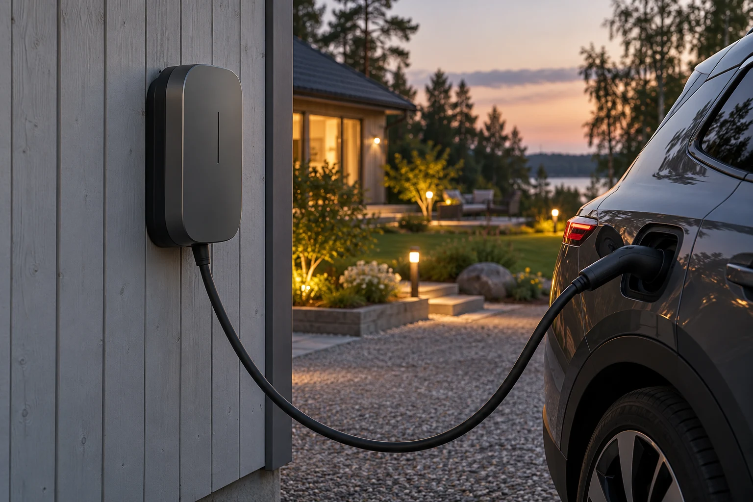 Laddbox ansluten till en bil vid en villa