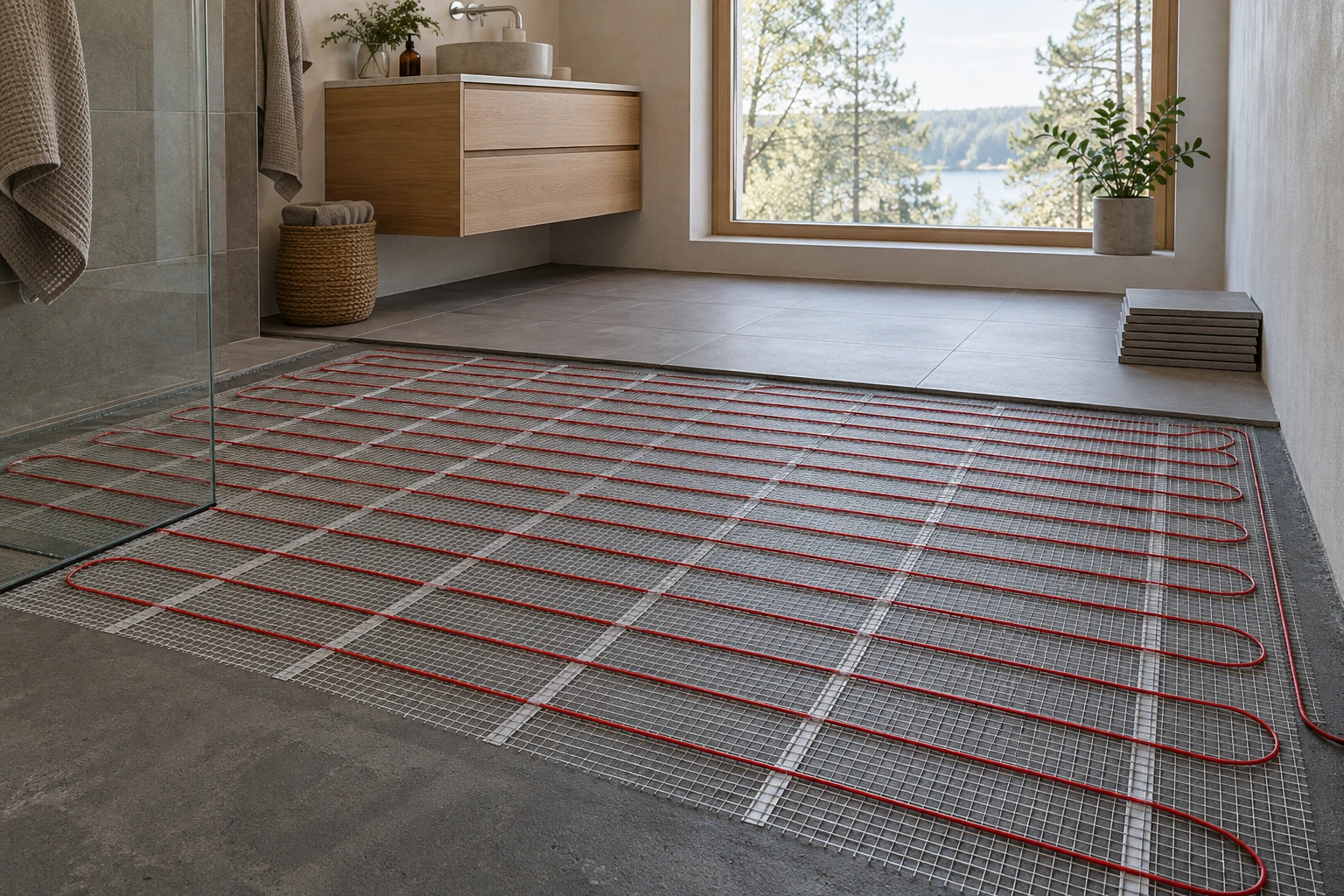 Elektrisk värmematta på golvet under en badrumsrenovering